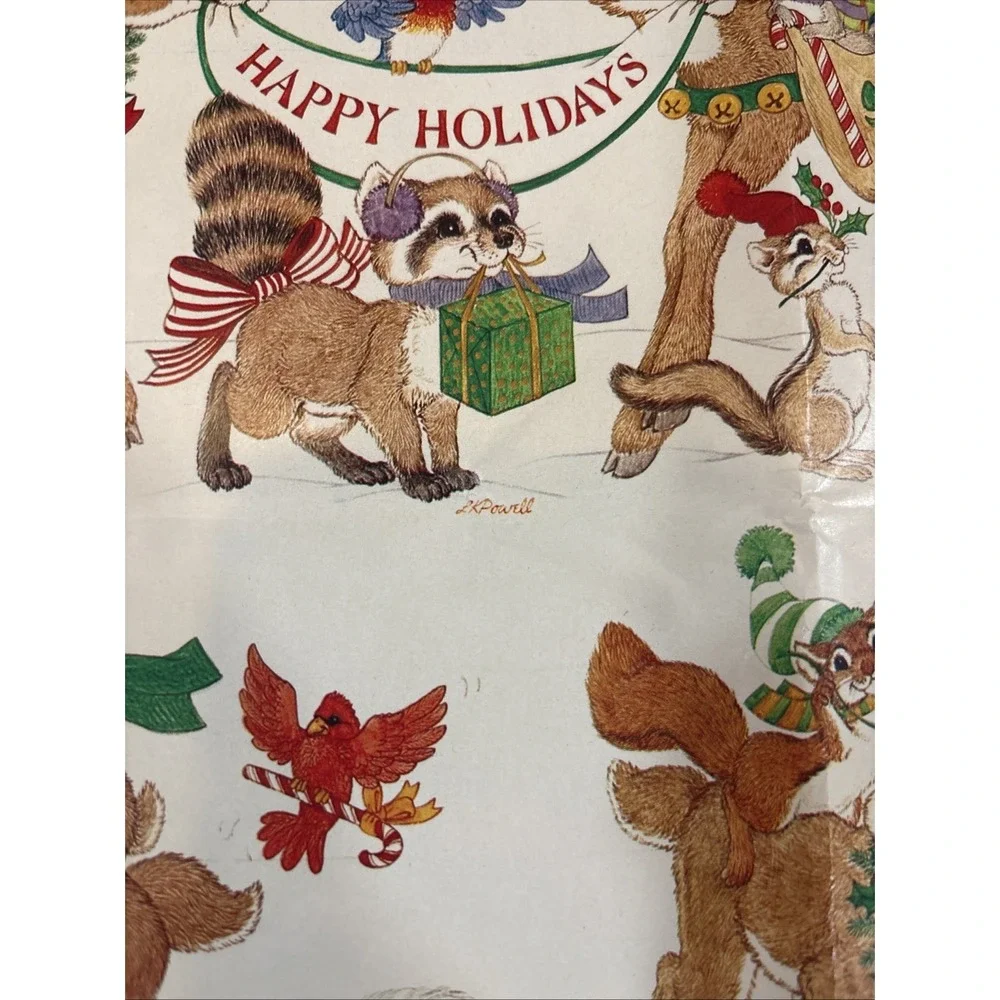 9 VTG LK Powell‎ Woodland Animals Happy Holidays Wrapping Paper gift wrap READ